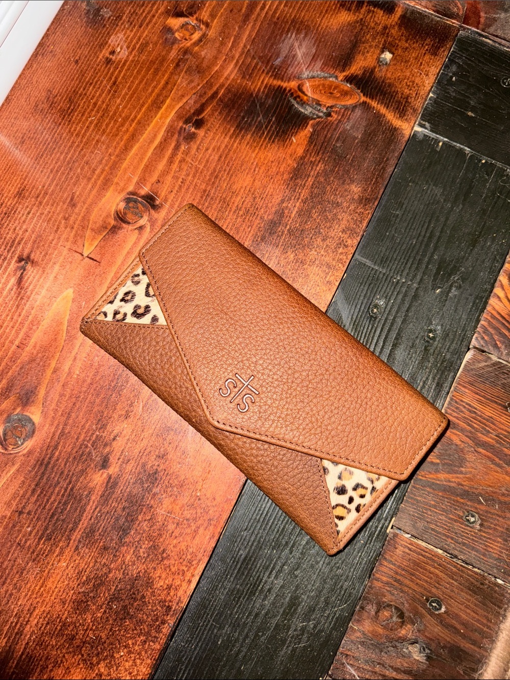 STS Ranchwear Cognac Leather Envelope Wallet with Leopard Accents